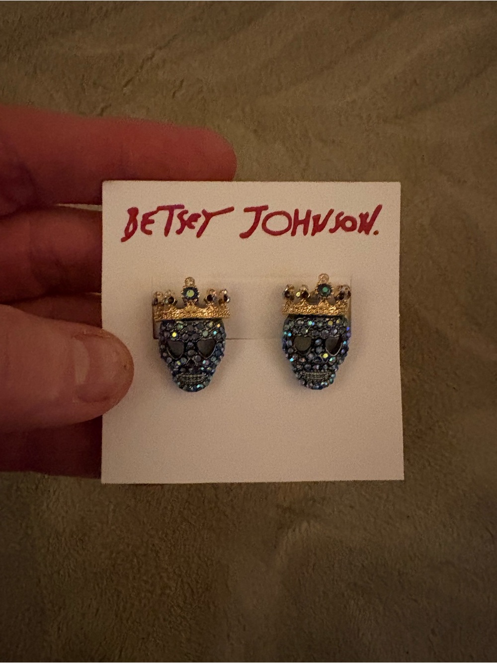Betsey Johnson Gold Crowned Blue Crystal Skull Stud Earrings